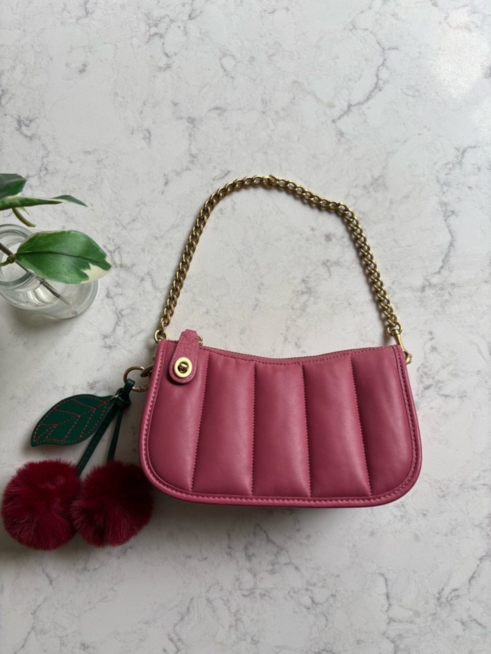 Coach Pink Quilted Swinger Shoulder Bag with Gold Chain